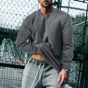 T-shirt Henley à manches longues gris foncé pour homme avec détail boutonné