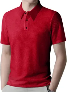 Detailed view of red textured men's short sleeve Polo shirt with premium knit fabric.