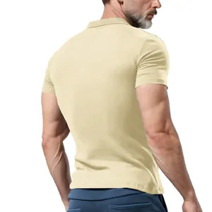 Back view of a men's stylish beige waffle knit short sleeve polo shirt for summer