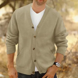 Close-up of a men's vintage khaki cable knit V-neck button cardigan with pockets.