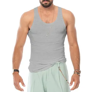 Slim fit grey ribbed tank top for men, athletic bodybuilding muscle vest base layer