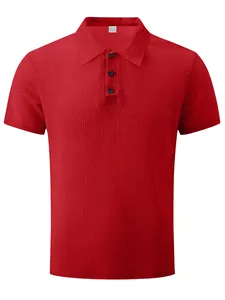 Premium red men's short-sleeved waffle polo shirt with a buttoned turndown collar