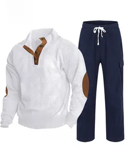 Men's autumn winter casual set with white half-button sweatshirt and navy corduroy pants
