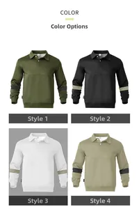 Selection of four colors for men's long-sleeve polo sweatshirts featuring sleeve stripes.