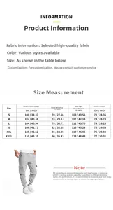 Size chart for men's slim-fit cargo sweatpants with multi-pockets and cuffed ankles.