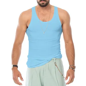 Men's light blue slim fit athletic tank top featuring ribbed stretch fabric and round neck