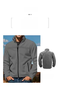 Front and back view of a grey fleece stand collar jacket with full zipper detail