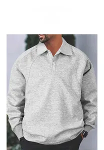 Close-up detail of a grey heavy-weight men's sweatshirt featuring a stylish lapel collar