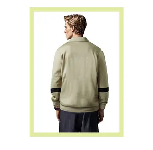 Back view of a men's loose khaki sweatshirt featuring black sleeve stripes and lapel collar