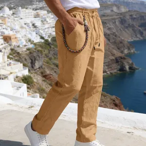 Pantalon décontracté en lin kaki pour homme avec détail de cordon tressé de haute qualité