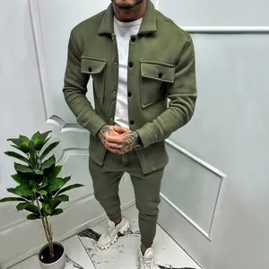 Men's olive green suede tracksuit 2-piece set with long sleeve jacket and pants