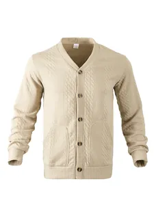 Men's vintage cable knit V-neck cardigan in beige with button closure details