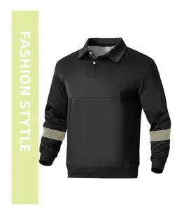 Detailed view of black men's long-sleeve polo sweatshirt with stylish sleeve stripes