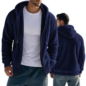 Detail view of men's warm navy blue fleece hooded zip-up jacket from front and back