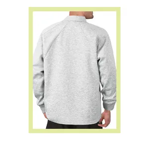 Detailed back view of a heavyweight grey polo collar sweatshirt for men in a relaxed fit.