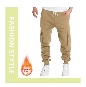 Detail of men's fleece-lined cargo joggers showing warm lining and functional multi-pockets.