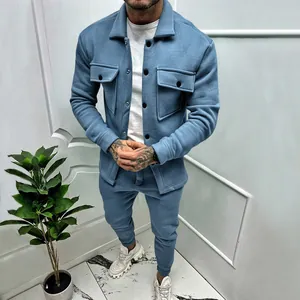 Men's stylish blue suede workwear jacket and matching jogger pants tracksuit set