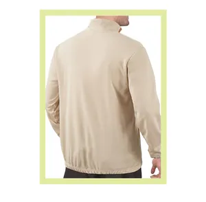 Detailed back view of a men's casual stand collar corduroy sweatshirt in light beige color