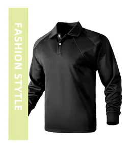 Close-up of black men's long-sleeve polo shirt with raglan sleeves and lapel