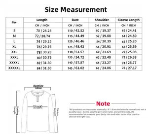 Detailed size guide for half-zip stand collar sweatshirt with measurements from S up to 5XL