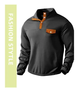 Detail of men's casual corduroy sweatshirt with stand-up collar and button accents