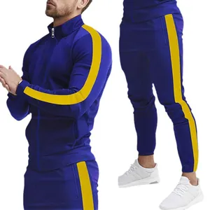 Men's two-piece blue slim fit tracksuit featuring vibrant yellow side stripes and stand collar