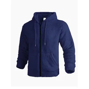Full view of a navy blue plush fleece hooded jacket showing its soft warm texture