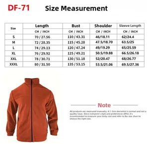 Size chart for men's casual stand collar zip-up outdoor jacket in orange.