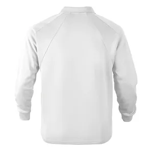 Back view of a white long-sleeved sweatshirt with raglan sleeves and ribbed cuffs