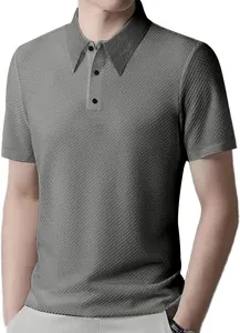 Close-up view of grey textured short sleeve polo shirt with classic collar and buttons