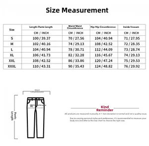 Detailed size measurement chart for the casual sports pants in both CM and INCH units
