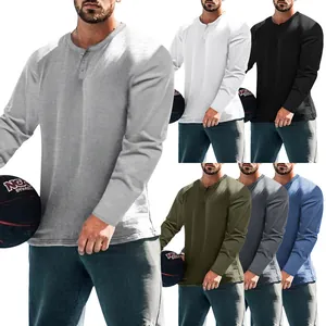 Men's Long Sleeve Henley Shirt Solid Color Round Neck Button Casual Top Loose Fit Polyester Spring Autumn Basic Tee
