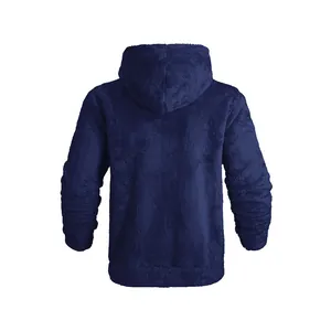 Rear view of navy blue autumn winter warm fleece hooded jacket with soft fuzzy texture
