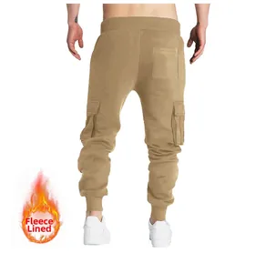 Detailed rear view of men's khaki fleece-lined cargo sweatpants with multiple utility pockets