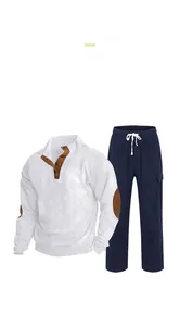 Men's casual two-piece outfit featuring a white textured pullover and navy drawstring pants