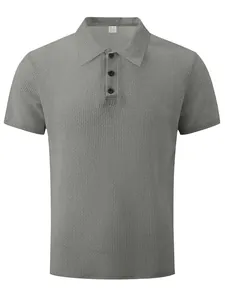 Grey men's waffle texture short sleeve Polo shirt with lapel buttons detail