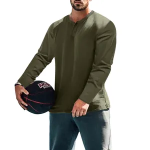 Men's olive green long-sleeve Henley T-shirt in a loose casual fit