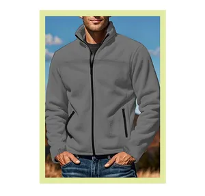 Men's solid gray fleece jacket with stand-up collar and full zip closure detail