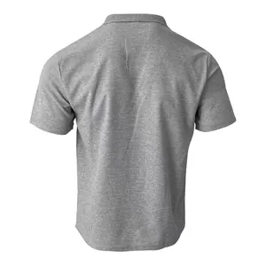 Back view of a grey men's waffle knit short sleeve polo shirt showing fabric texture.