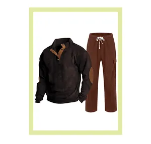 Detail of brown corduroy tracksuit set with half-button mock neck and elbow patches
