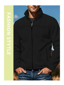 Close-up detail of a men's black stand-collar fleece jacket with a front zipper.
