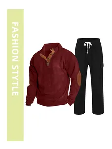 Burgundy ribbed pullover and black jogger pants set with elbow patches detail
