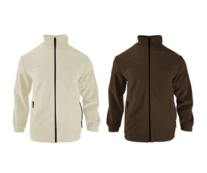 Two men's fleece jackets in cream and brown with stand-up collars and full-zip front.