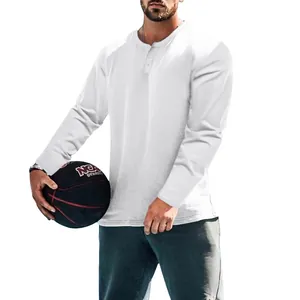 Men's casual solid white long sleeve Henley T-shirt with button neckline detail