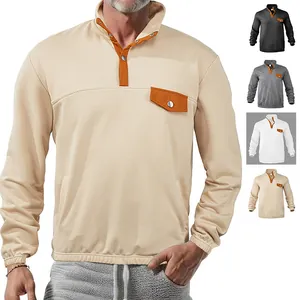 Men's Casual Stand Collar Long Sleeve Ribbed Corduroy Sweatshirt Contrast Color Pocket Pullover Loose Top For Autumn Spring