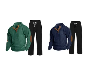 Detail of green and navy ribbed sweatshirts with elbow patches and black casual pants