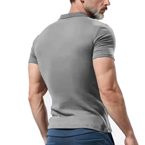 Detailed back view of a grey men's waffle polo shirt showing the slim fit and texture