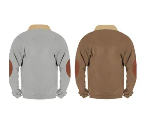 Detailansicht grauer und brauner Sweatshirts mit halbem Reißverschluss und Ellbogen-Patches