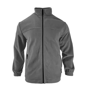 Detail view of a premium grey full-zip fleece jacket featuring a stand-up collar