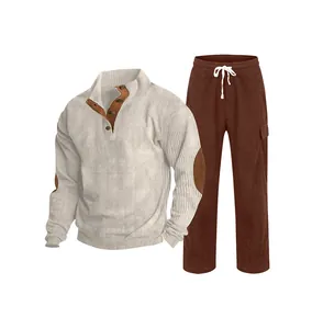 Two-piece corduroy casual set for men featuring a beige Henley sweatshirt and brown cargo pants